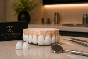 Modelo odontológico com facetas de porcelana ilustrando artigo sobre desgaste dos dentes naturais e tratamento estético nos Jardins, São Paulo.