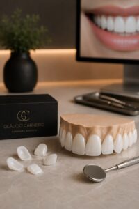 Modelo de lentes de contato dental em porcelana utilizado para ilustrar as vantagens e desvantagens do tratamento estético odontológico realizado pelo Dr. Gláucio Carneiro nos Jardins, São Paulo.