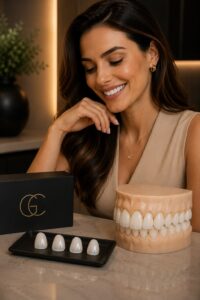 Facetas de resina e modelo odontológico ilustrando a durabilidade do tratamento estético com faceta de resina.