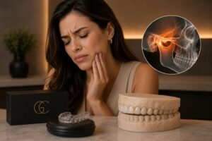 Bruxismo e desgaste dental com tensão na mandíbula e placa de proteção para os dentes.