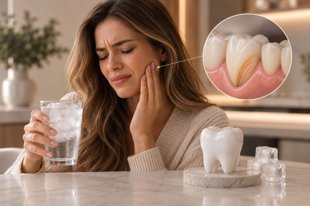 Mulher com sensibilidade dental ao consumir bebida gelada, ilustrando causas e tratamentos para dentes sensíveis.