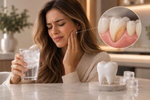 Mulher com sensibilidade dental ao consumir bebida gelada, ilustrando causas e tratamentos para dentes sensíveis.