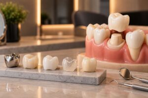 Diferentes tipos de coroa dentária, incluindo porcelana, zircônia e metal, apresentados em modelo odontológico para comparar materiais e tratamentos.